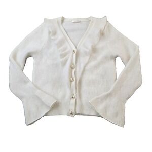 Narmol Women's Angora Cardigan Sweater Pearl Button Romantic Ruffled Neckline S